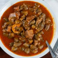 Okra With Lamb · Sautéed lamb in olive oil with okra, tomato sauce, spices and lemon juice.