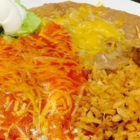 #7 - Enchiladas · Three Enchiladas, Chicken, Beef, or Cheese & Onion, Enchilada Sauce, Shredded Cheese, Sour C...