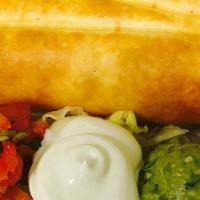 Chimichanga · Choice of Meat, Beans, Shredded Cheese, Guacamole, Sour Cream, and Pico de Gallo