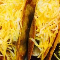 Fried Taco Plate · Three Fried Tacos, Beef, Rice, Beans, Lettuce, and Shredded Cheese