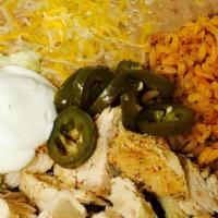 Chicken Platter · Chopped Grilled Chicken, Rice, Beans, Sliced Jalapeños, Guacamole, Sour Cream, Pico de Gallo...