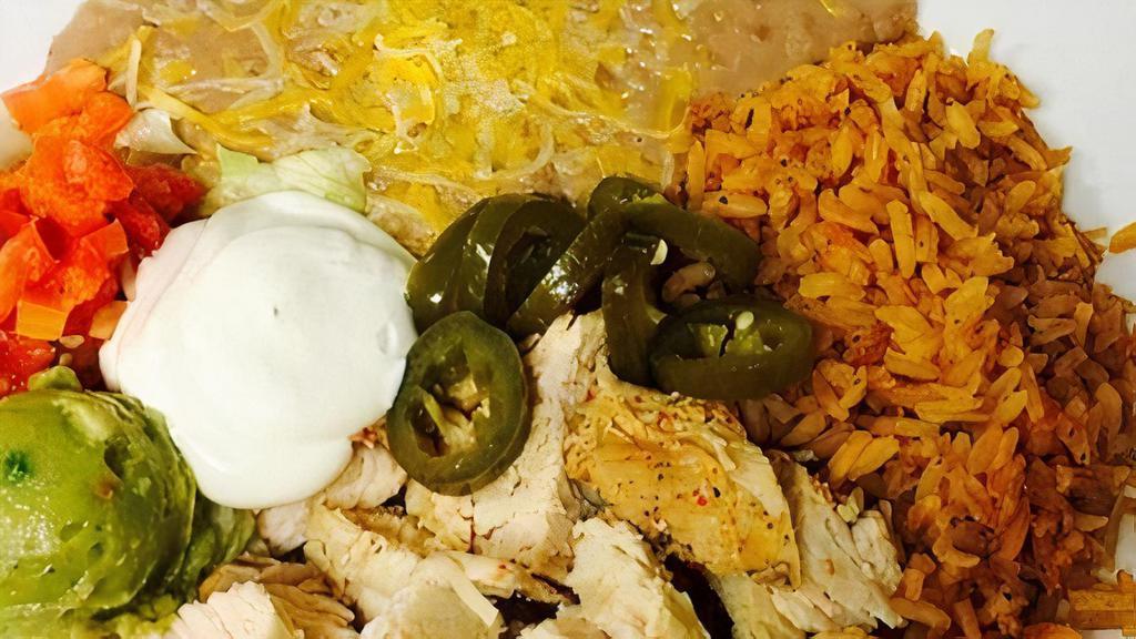 Chicken Platter · Chopped Grilled Chicken, Rice, Beans, Sliced Jalapeños, Guacamole, Sour Cream, Pico de Gallo, and warm Tortillas