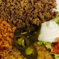 Ground Beef Platter · Ground Beef, Rice, Beans, Sliced Jalapeños, Guacamole, Sour Cream, Pico de Gallo, and warm T...