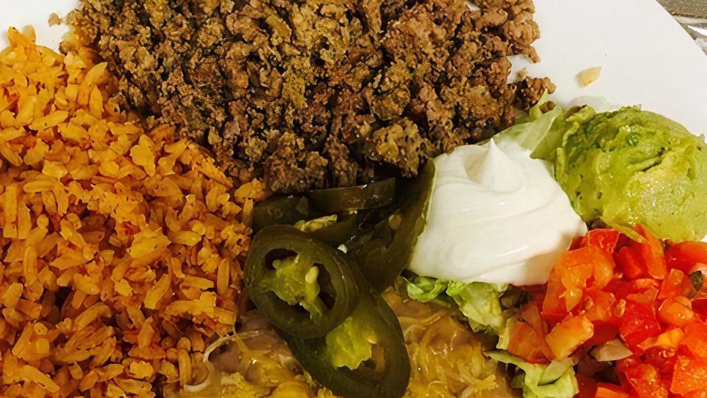 Ground Beef Platter · Ground Beef, Rice, Beans, Sliced Jalapeños, Guacamole, Sour Cream, Pico de Gallo, and warm Tortillas