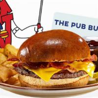 The Pub Burger · 1/3 pound. Loaded with cheese, crispy bacon, and tangy BBQ sauce. Served on a butter bun and...