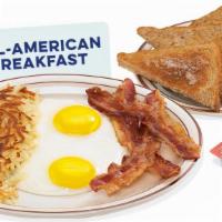 Country-Style Breakfast · Two eggs, hashbrowns, bacon, ham, and sausage links for the hearty appetite.