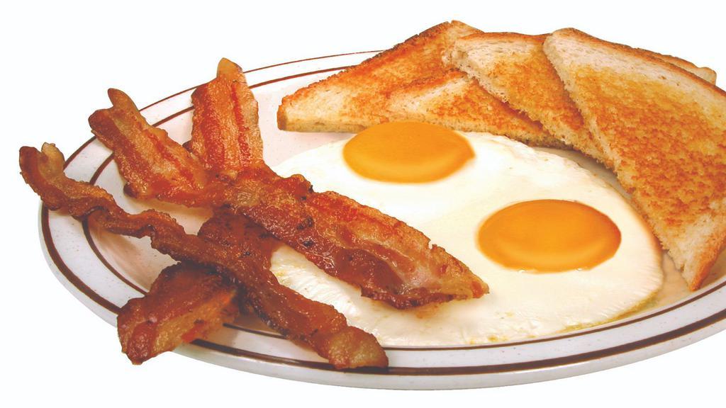 Eye Opener Breakfast · Two eggs and your choice of bacon, ham, or sausage (patties or links).