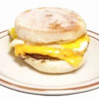 Early Riser Sandwich · An egg, sausage patty or bacon and melted American cheese on an English muffin.