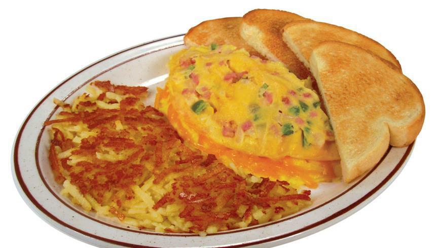 Denver & Cheese Omelet · A fluffy omelet with ham, green peppers, and onions. Served with hashbrowns.