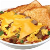 Sausage Scrambler · Eggs scrambled with sausage, green peppers and onions, then topped with melted American chee...