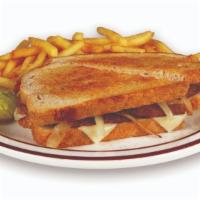 Patty Melt Combo · Two beef patties, fried onions, and swiss cheese on grilled rye bread. Served with your choi...