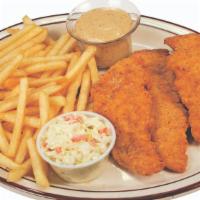 Chicken Tenders · Lightly breaded all-white meat chicken tenders. Includes fries, coleslaw, and honey mustard ...
