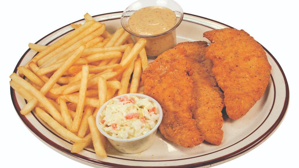 Chicken Tenders · Lightly breaded, all-white meat chicken tenders. Includes fries, coleslaw and honey mustard dipping sauce.