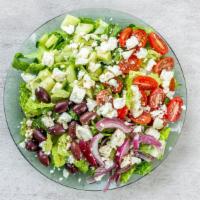 Greek Salad · Housemade dressing. Comes with sliced cherry tomatoes, red onion, chopped cucumber, kalamata...