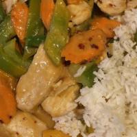 Peanut Curry · Gluten-Free. Green bell pepper, carrots * string beans in a coconut peanut curry sauce.