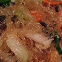 Glass Noodles · Eggs, vermicelli noodles, carrots, scallions, white onions, black mushrooms in a sweet oyste...