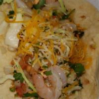 Two Shrimp Tacos · Served with cabbage, pico de gallo, cheese, rice, and beans.