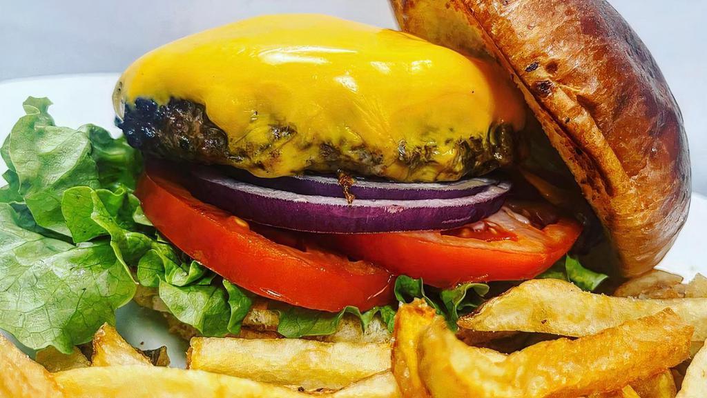 Pub Burger · 1/2 lb patty, American cheese, lettuce tomato, onion, brioche bun.