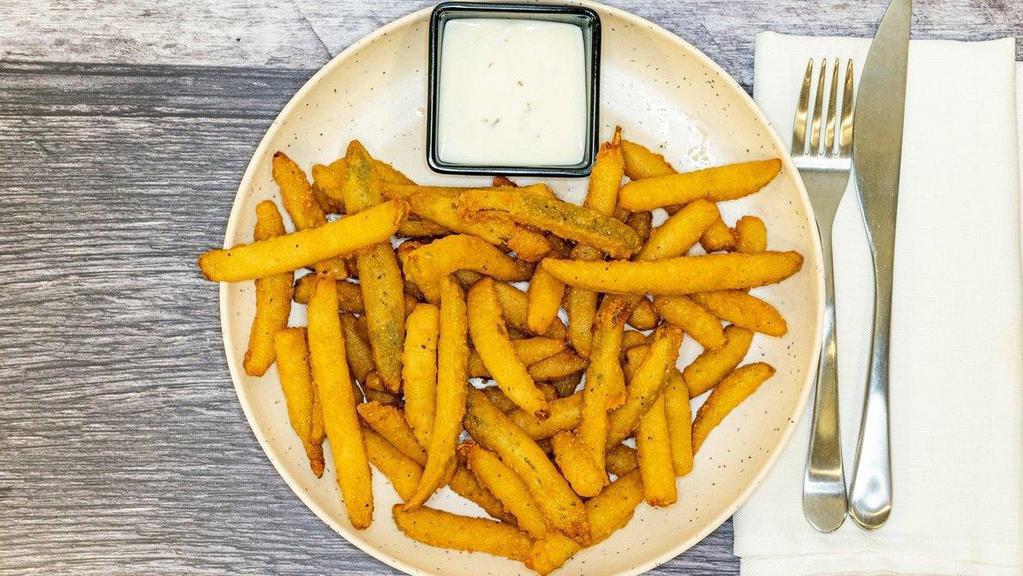 Dill Pickle Fries · Dill Pickle Spears, Lightly Dusted and Fried. Your Choice of Sauce to Dip!