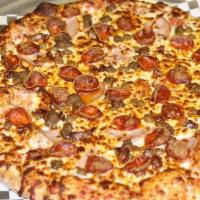 Meatsa Pizza · Tomato Sauce, Pepperoni, Canadian Bacon, Beef, Real Chopped Bacon, Italian Sausage, Cheese