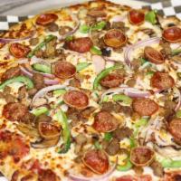 Super Supreme Pizza · Tomato Sauce, pepperoni, ground beef, Italian sausage, mushrooms, green peppers, onions, bla...