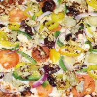 Greek Veggie Pizza · Tomato Sauce, Feta Cheese, Artichoke Hearts, Red Onions, Kalamata Olives, Green Peppers, Tom...