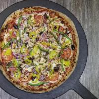 Greek Pizza · Tomato Sauce, Feta Cheese, Salami, Artichoke Hearts, Red Onions, Kalamata Olives, Green Pepp...