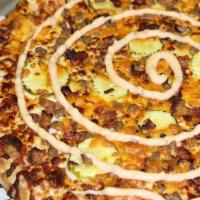Bacon Cheeseburger Pizza · Ketchup Sauce, Beef, Real Chopped Bacon, Butter Pickles, cheddar cheese, cheese, thousand is...