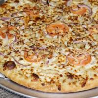 Garlic Chicken Pizza · Creamy Garlic Ranch, Marinated Grilled Chicken, Red Onions, Tomatoes, Cheese