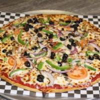 Veggie Pizza · Tomato Sauce, Mushrooms, Green Peppers, Onions, Black Olives, Tomatoes, Cheese
