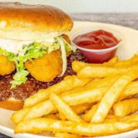 Spiel Mozzarella Burger · Brioche Bun, 1/3 lb. Patty, 3 Think Cut Mozzarella Sticks, Thousand Island Mayo, Lettuce. In...