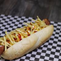 Boojy Dog · 1/4 lb. Plus All Beef Hotdog on a Soft Bun, Split down the middle and Pan Fried. Heinz Ketch...