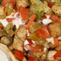 Chicken Gyro Sandwich · Pita bread grilled chicken, grilled onions, cucumber sauce, tomatoes, lettuce.