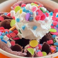 Bubble Gum · Bubble gum ice cream. 

**TOPPINGS IN PICTURE ARE NOT INCLUDED, CHOOSE YOUR OWN 2 FOR FREE**