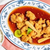 Governor'S Chicken · Meaty chunks of chicken sauteed with baby corn, bell peppers, minced ginger and garlic.Also ...