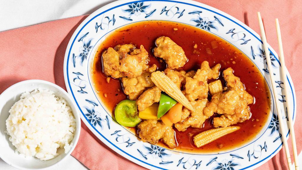 Governor'S Chicken · Meaty chunks of chicken sauteed with baby corn, bell peppers, minced ginger and garlic.Also call
