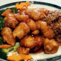 General Tso'S Chicken · Spicy. Fresh battered chicken chunks deep-fried and topped with our house special hot and sw...