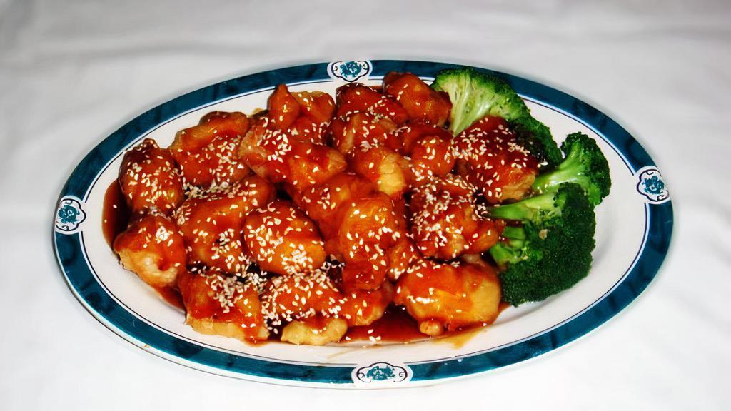 Sesame Chicken · Spicy. Chicken stir-fried with carrots, celery, broccoli, green peppers, and onions in a Szechuan spicy sauce.
