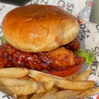 Spudz Tender Sandwich · Crispy tenders tossed in any one of our sauces that you select, lettuce, tomato, new Sweet H...