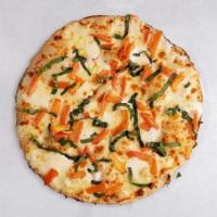 Margherita Pizza · No Marinara, Mozzarella, Fresh Mozzarella, Tomatoes, Basil, Extra Virgin Olive Oil