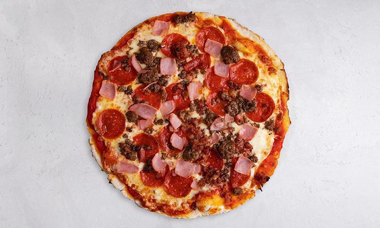 Meat Lovers Pizza · Mozzarella, Marinara, Pepperoni, Sausage, Bacon, Ham, Ground Beef