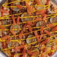 Cheeseburger Pizza · Ground Beef, Mozzarella, Cheddar, Pickles, Tomatoes, Mayo, Ketchup, Mustard