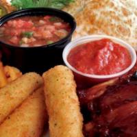 Texas Sampler · Share a platter of TC favorites: mozzarella sticks, baby back BBQ ribs, cheese quesadillas, ...