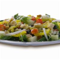 Greek Salad (Large) · Greek salad is served with banana peppers, black olives, croutons, cucumber, feta cheese, Gr...