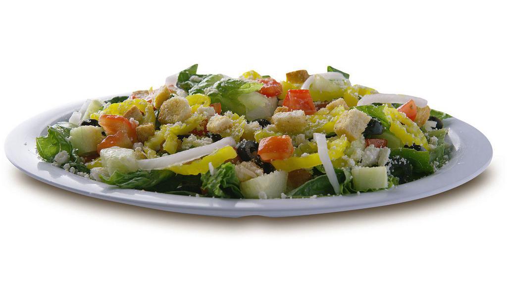 Greek Salad (Small) · Greek salad is served with banana peppers, black olives, croutons, cucumber, feta cheese, Greek dressing, lettuce, sweet onions, tomatoes.