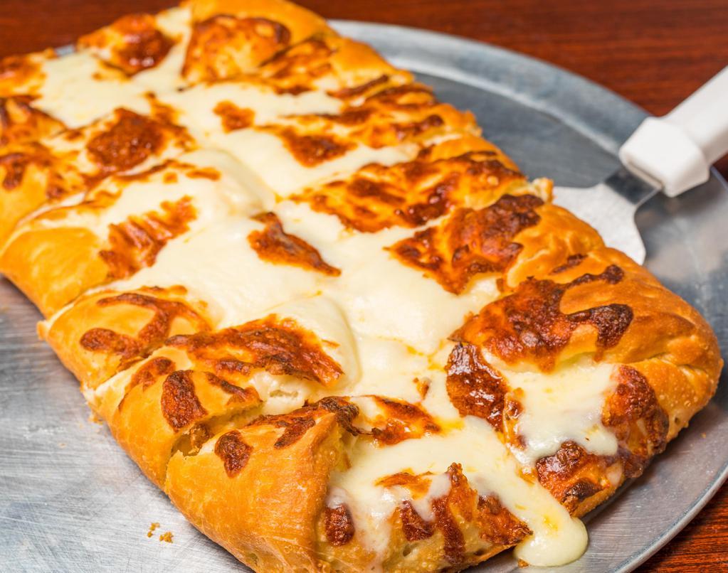 Giorgio'S Cheese Bread · Our fresh homemade pizza dough, stuffed and topped with mozzarella cheese and baked to perfection! Served with a side of marinara for dipping!