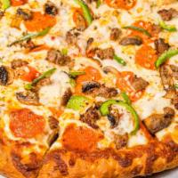 Giorgio'S Combo Pizza · Beef, Italian sausage, pepperoni, green peppers, onions, mushrooms and mozzarella cheese ato...