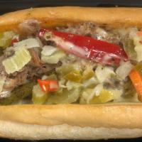 Famous Apolis Cheese Steak · bell peppers, cheese, onions,
