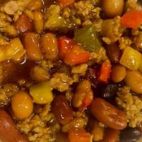 Baked Beans · Our four beans are amazing baked bean (black, pinto, kidney, chili), onion bell pepper groun...