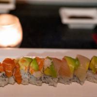 Rainbow · Marinated crab and cucumber topped with ahi tuna, albacore tuna, salmon, red snapper, shrimp...
